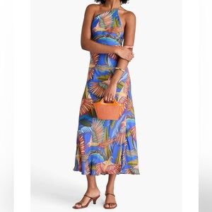 Farm Rio One-shoulder open-back printed satin midi dress XL
